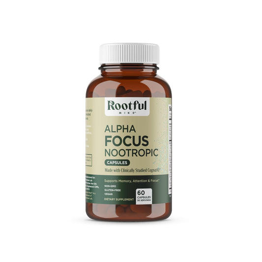 Rootful Mind Alpha Focus Nootropic - Memory and Focus Brain Booster Supplement with Choline, Citicoline, GPC, L-Tyrosine, Bacopa Monnieri, DMAE, Gingko Biloba, Lion's Mane, Niacinamide - 60 Capsules Rootful MindAU supplements