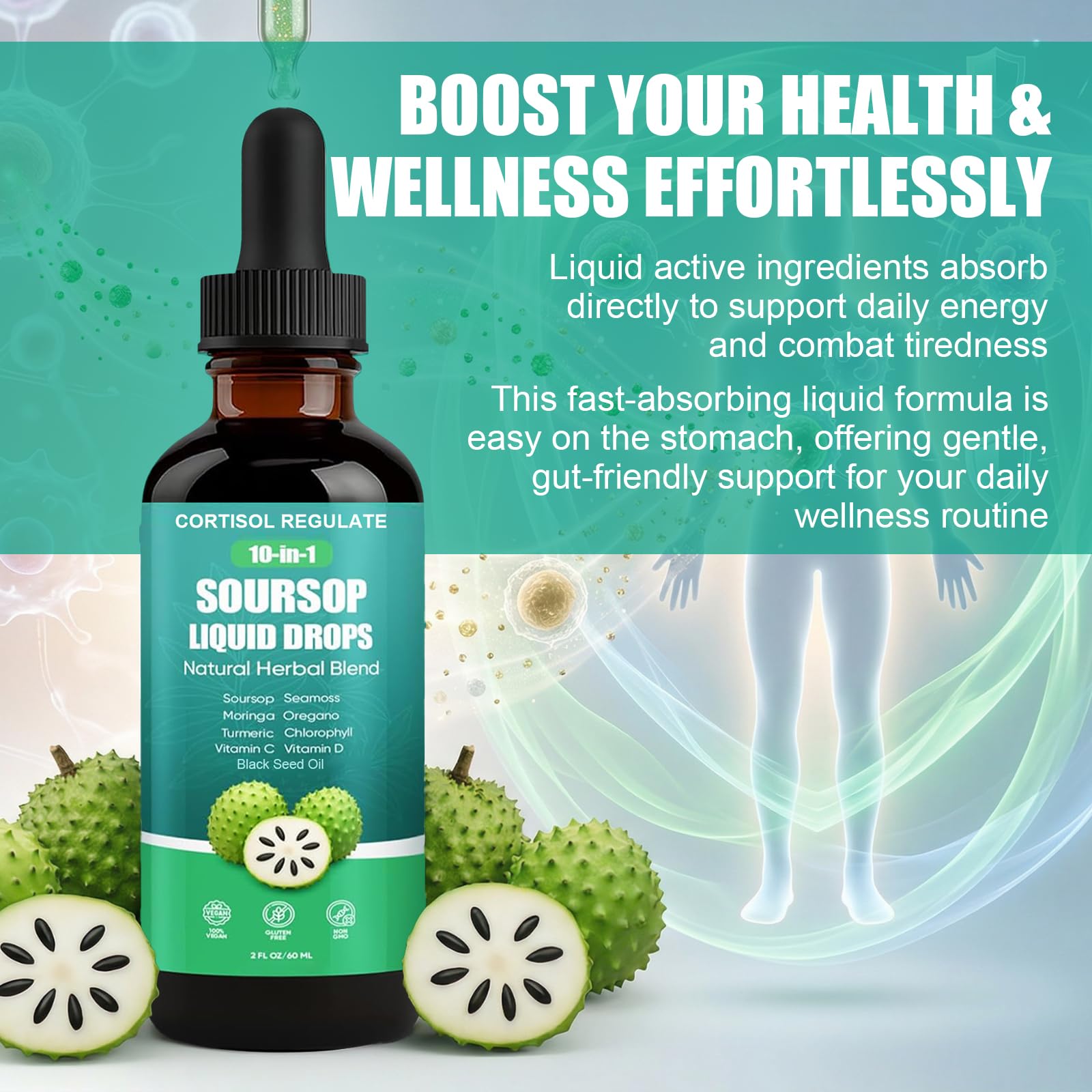 CORTISOL REGULATE Soursop Liquid Drops, 10-in-1 Blend with Sea Moss, Moringa, Turmeric, Black Seed Oil, Oregano, and More, 2 fl oz (1 Pack) CORTISOL REGULATE Au supplements