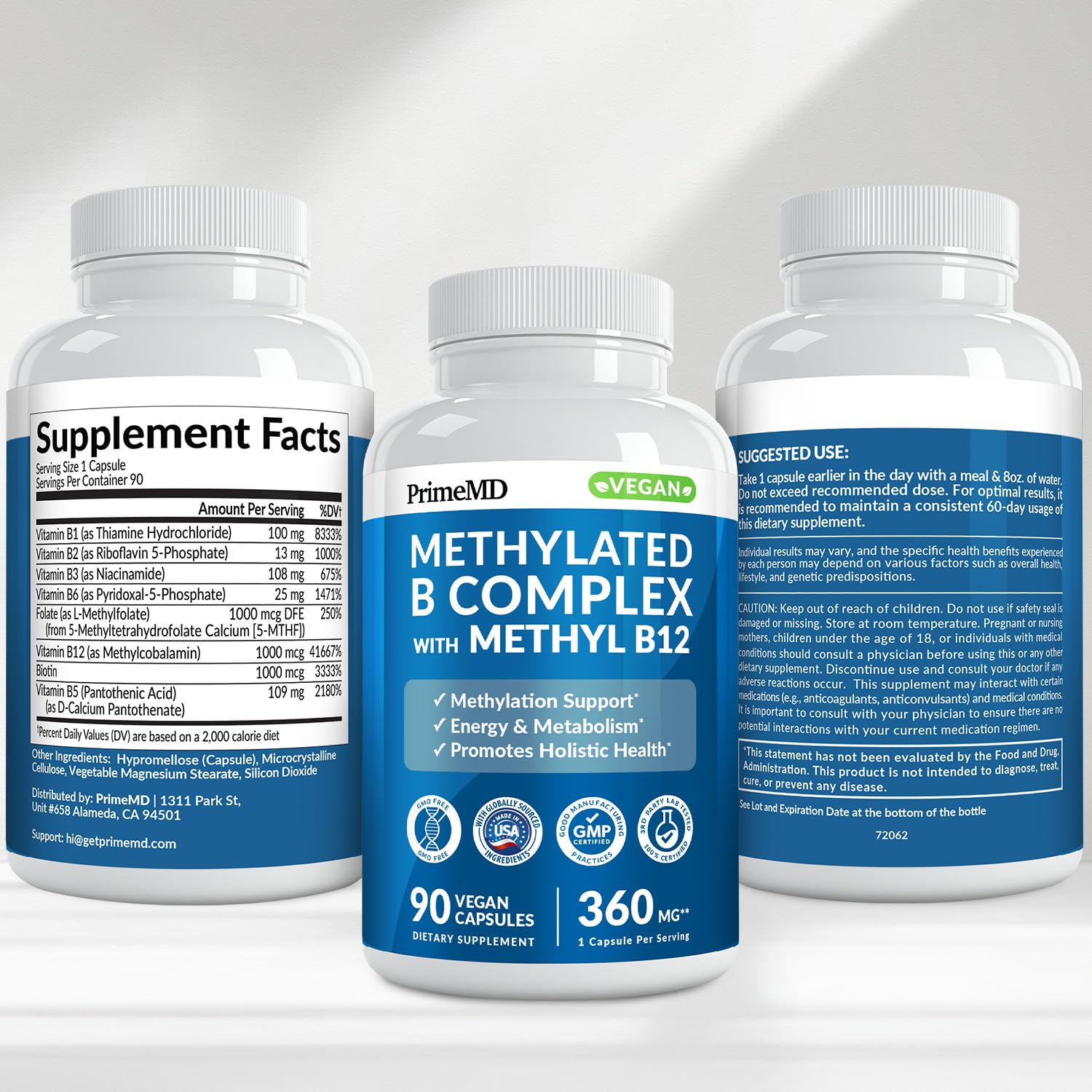 Methylated B Complex with Methylfolate and B12 Methylcobalamin 1000 mcg - Methylated Multivitamin for Energy, Brain Function, and Wellness - Vitamin B Complex for Men & Women (90 Servings) (Pack of 1) PrimeMD Au supplements
