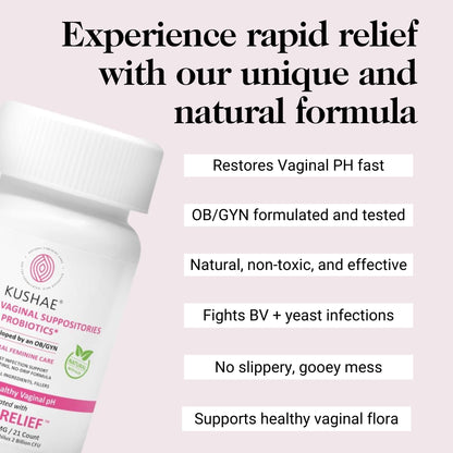 Kushae Boric Acid Suppositories + Rapid Relief, All Natural Female Suppositories with Probiotics & Aloe Vera, Relieves Discomfort & Balances pH Level Bottle Only 21 Capsules KushaeUS supplements