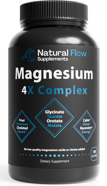 Natural Flow 4X Magnesium Supplement, Magnesium Glycinate, Taurate, Malate, Orotate Complex, Calm Sleep and Cramp Support Blend, No Mag Citrate or Oxide, 120 Capsules Natural Flow Supplements Au supplements