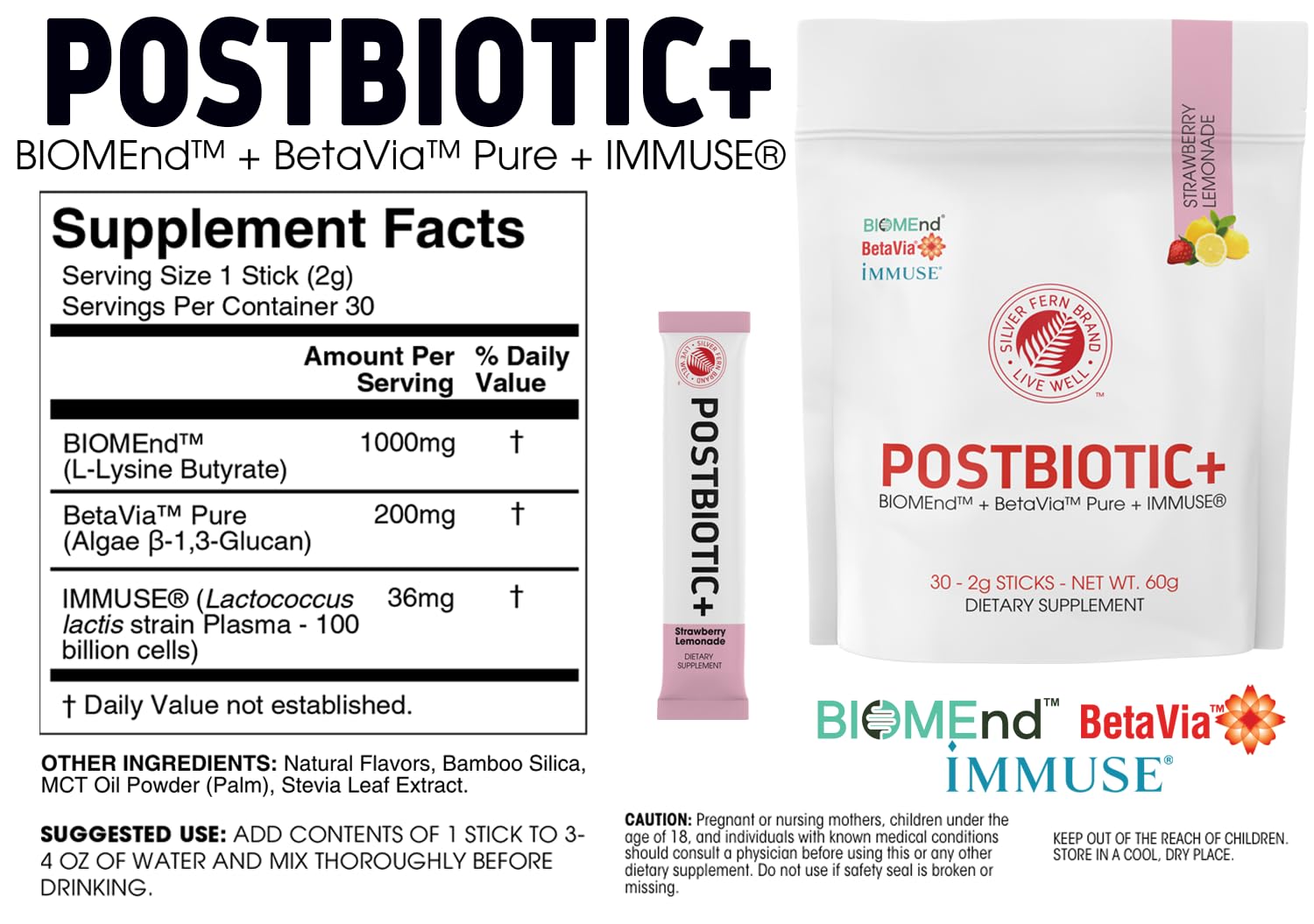 Silver Fern Brand Postbiotic+ Strawberry Lemonade Powder – Postbiotic Supplement with BIOMend™, BetaVia™, and Immuse® – Supports The Digestive System & Overall Wellness – 30 Stick Packs Silver Fern Au supplements