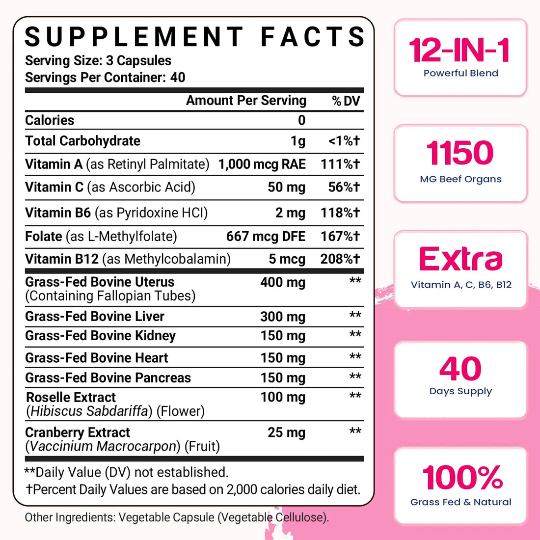12-In-1 Beef Organ Supplement for Women - Beef Liver, Uterus, Kidney, Heart, Pancreas, 5 Vitamins & 2 Herbs, Hormone Balance, Menstruation, Energy, Immune - 100% Grass Fed, Pasture Raise - 120 Caps Nassiouy uk supplements