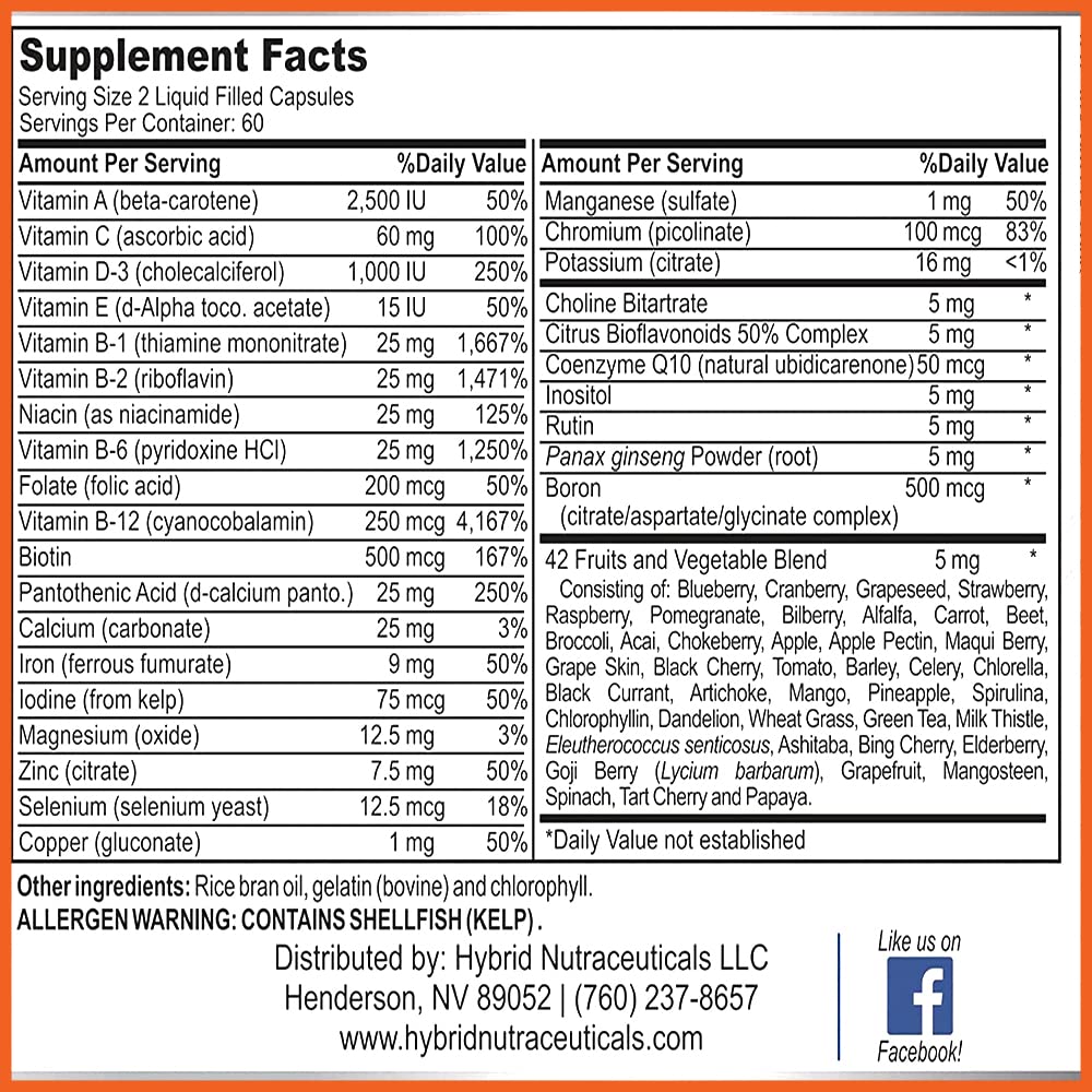 MiracleMulti Liquid Multivitamin Capsules for Men & Women - Complete Whole Food Blend Daily Vitamin & Mineral Supplement with CoQ10, B12, 42 Superfood Enzyme - 120 Softgels Hybrid Nutraceuticals Au supplements