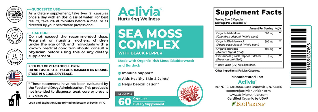 Aclivia - Organic Irish Sea Moss Capsules with Bladderwrack & Burdock Root - 102 Minerals Sea Moss Supplement - Thyroid Support, Immune Boost - Non-GMO (60 Count) Aclivia Au supplements