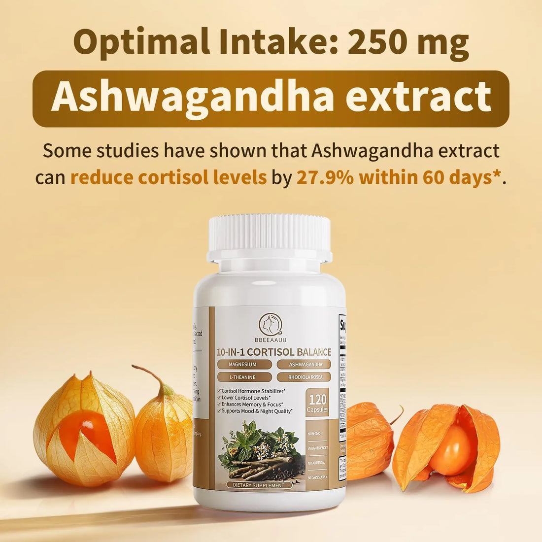 BBEEAAUU Cortisol Supplements for Women & Men - 10-in-1 Cortisol Reducer Manager Detox with Ashwagandha, Magnesium - Lower High Cortisol Levels, Relaxation & Night Support, Non-GMO, 120 Capsules BBEEAAUU uk supplements