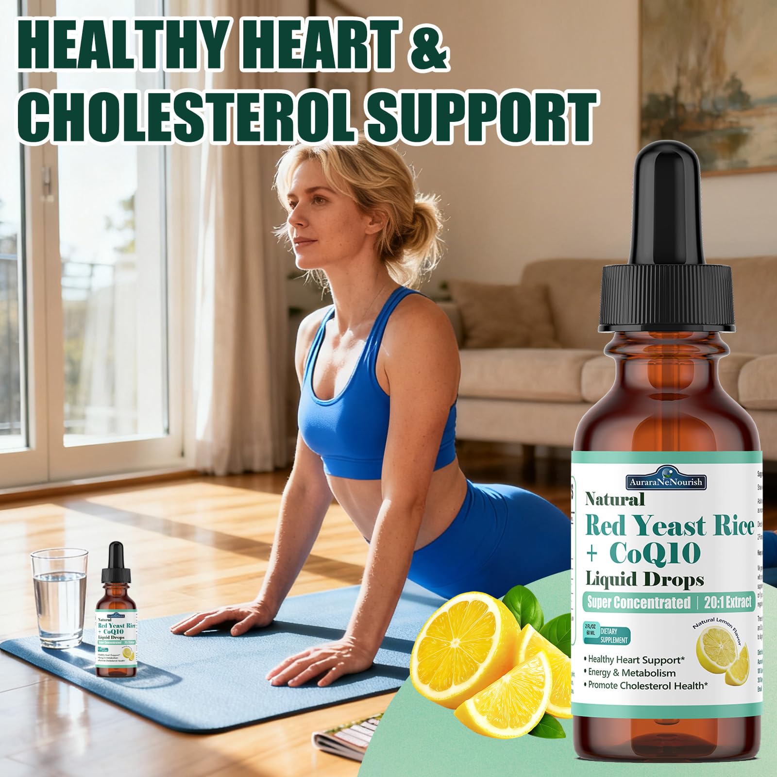 Liposomal Red Yeast Rice with Coq10 Liquid Drops, 5-in-1 Extra Strength 1200mg Cholesterol & Heart Support w. Citrus Bergamot Alpha Lipoic Acid | Cholesterol Lowering Supplement | GMO & Citrinin Free AuraraNeNourish Au supplements