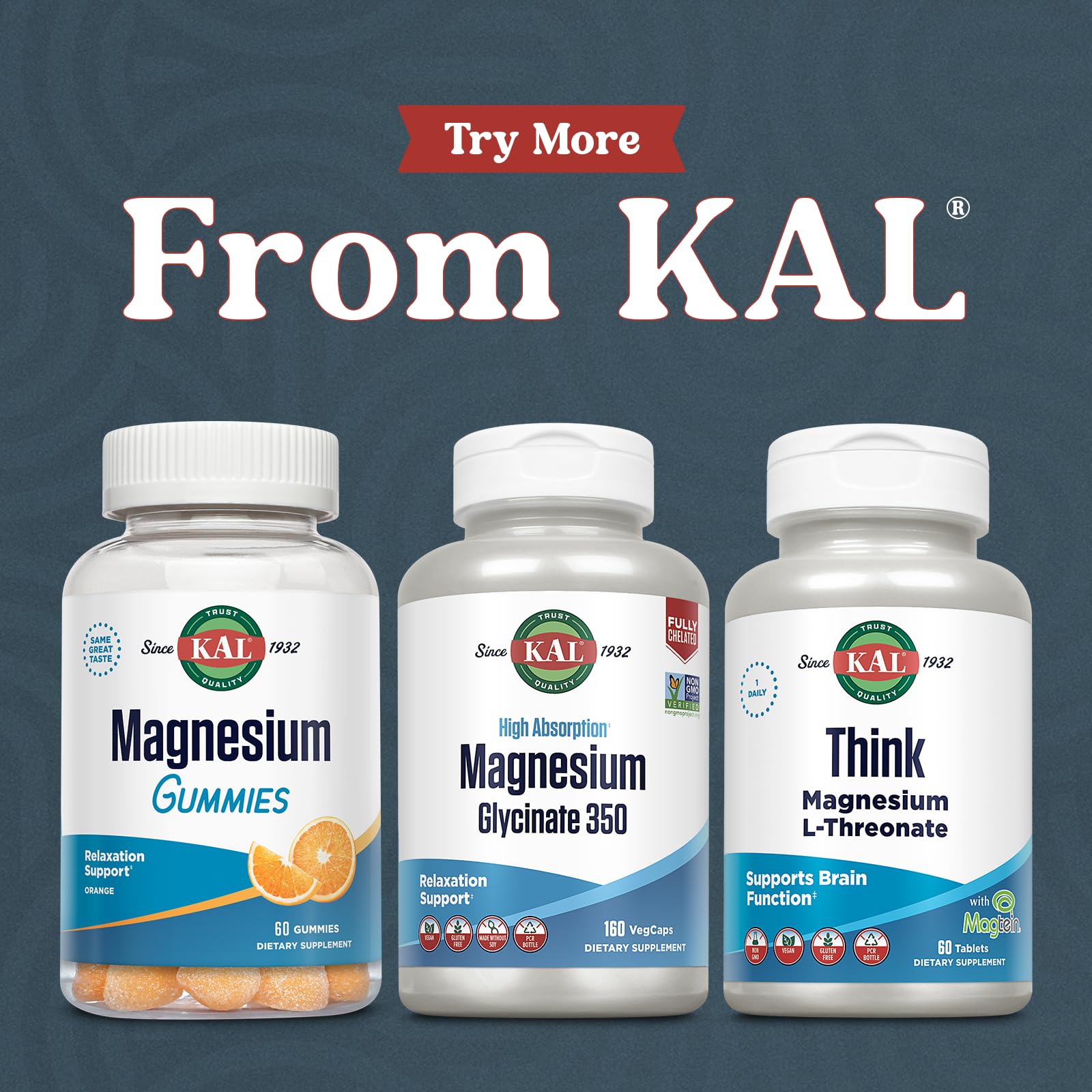 KAL Magnesium Glycinate Capsules, Fully Chelated Magnesium Bisglycinate, High Absorption Magnesium Supplement, Healthy Bones, Muscle, Relaxation and Stress Support, Non-GMO 160 count KAL Au supplements