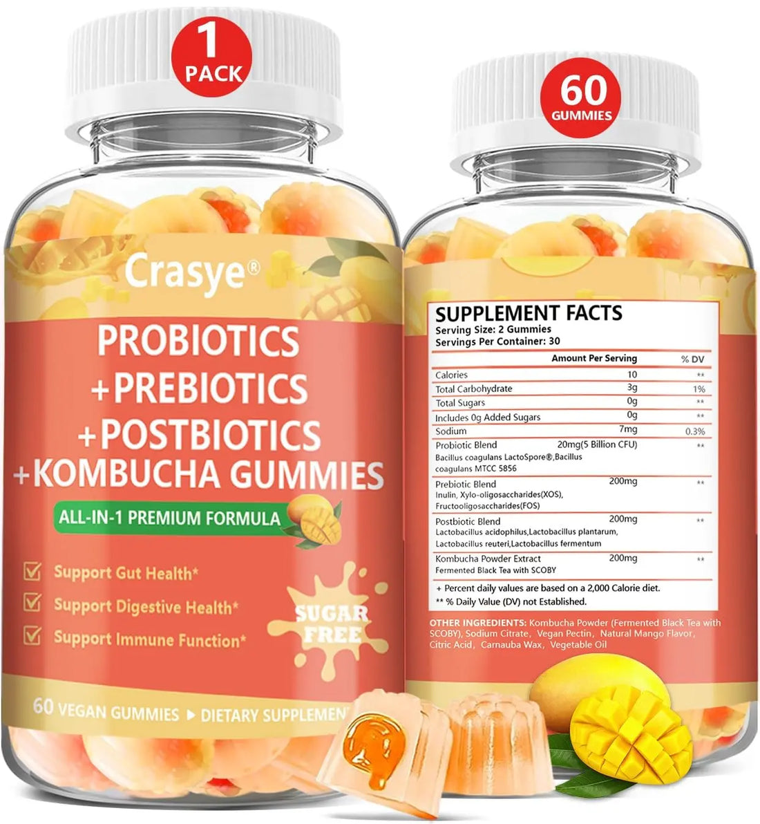 Crasye Probiotic Kombucha Gummies Sugar Free Prebiotic Postbiotic Probiotics Gummy for Women and Men Bloating Gut Health Immune and Digestive Support - 60 Gummies - 30 Servings Crasye uk supplements