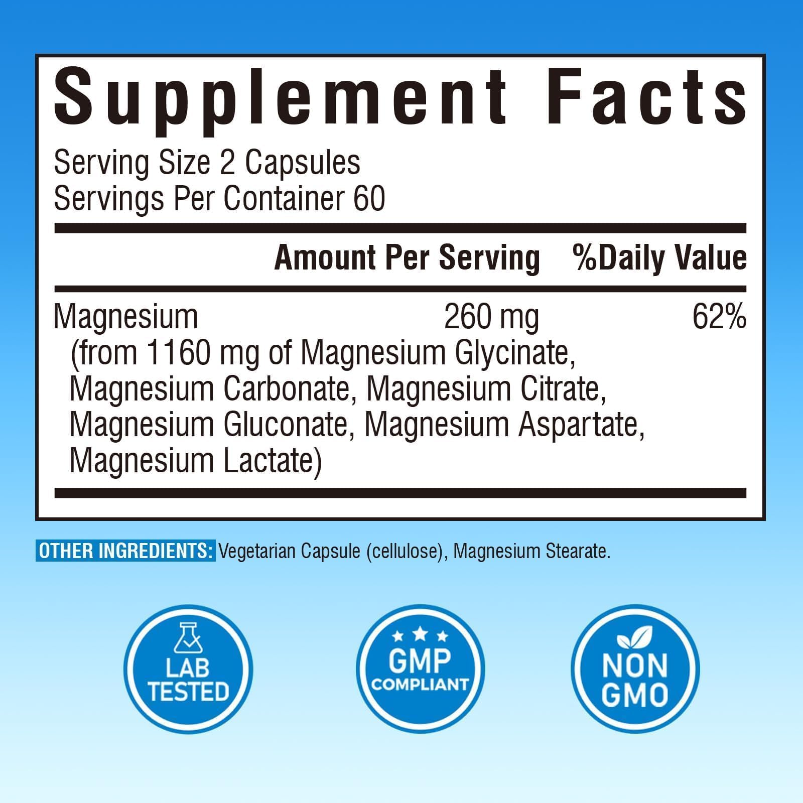 Vitalibre 6 in 1 Magnesium Complex for Women Men, 260mg Elemental Magnesium | Max Absorption | Chelated Magnesium Supplement for Bone, Relaxation & Nerves Support | Non-GMO, 120 Vegan Capsules Vitalibre Au supplements
