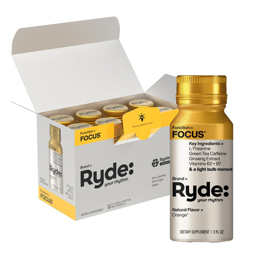 Ryde: Focus Shot | Orange Flavor | L-Theanine & Ginseng | Green Tea Caffeine | Vitamins B2 & B7 | 0 Calories, 0 Sugar | 2 FL OZ Shots | Supports Focus* (8 Pack) RYDEUS supplements