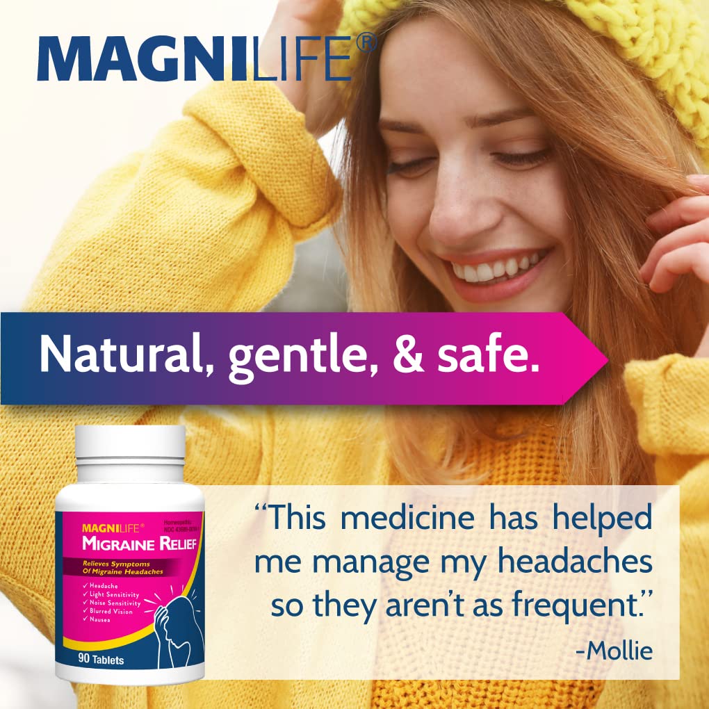 MagniLife Migraine Relief, Non-Habit Forming, 90 Homeopathic Tablets, Migraine Medicine for Light & Sound Sensitivity, Nausea, Blurred Vision & Pressure, Quick-Dissolve Headache Pain Relief MagniLife Au supplements
