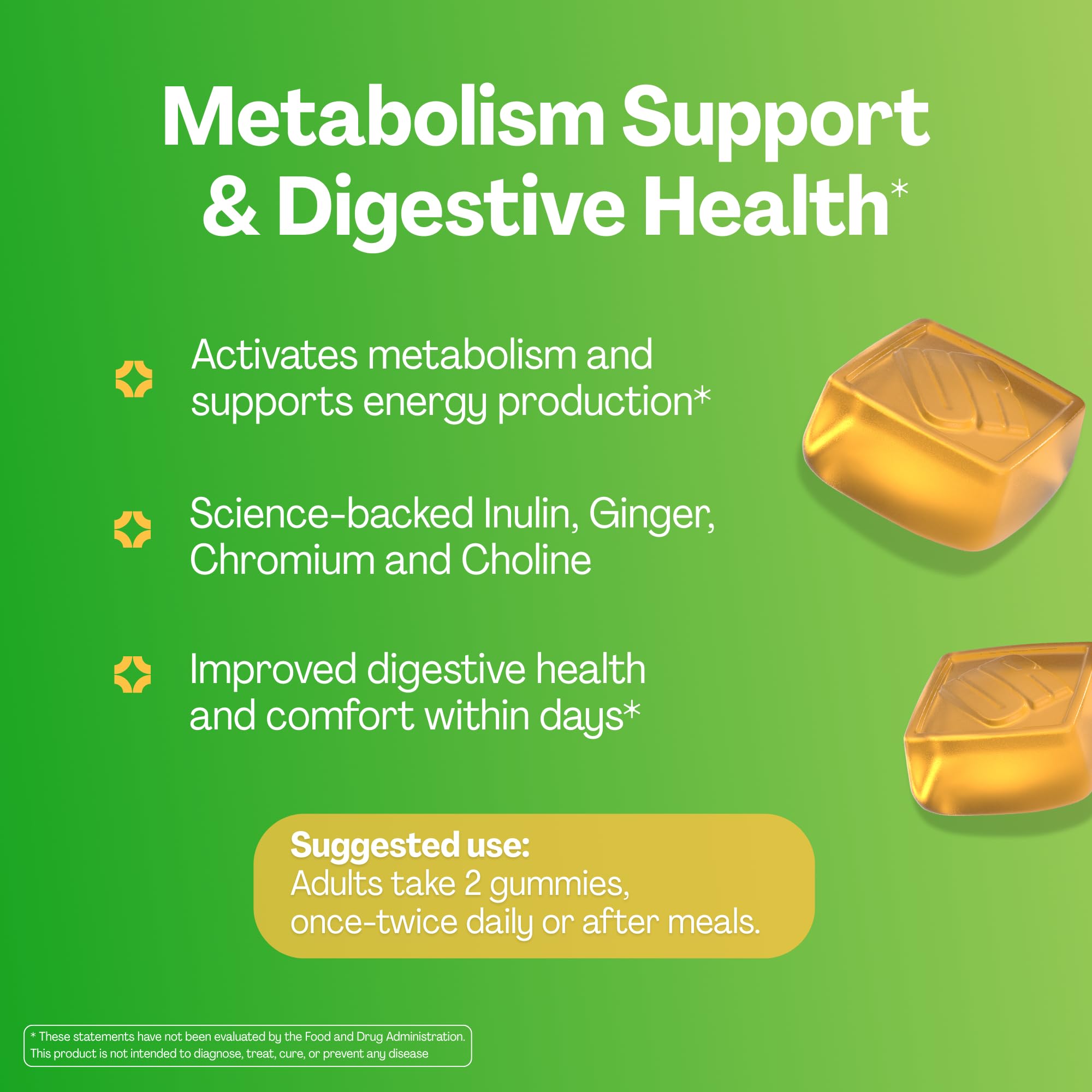 URVI® Metabolism Support Gummies 4-in-1 – Chromium Picolinate, Choline, Inulin & Ginger Extract - Prebiotic Fiber & Minerals – Gut Health & Digestive Support – Sugar-Free – Ginger-Lemon Flavor, 60pcs URVI Au supplements