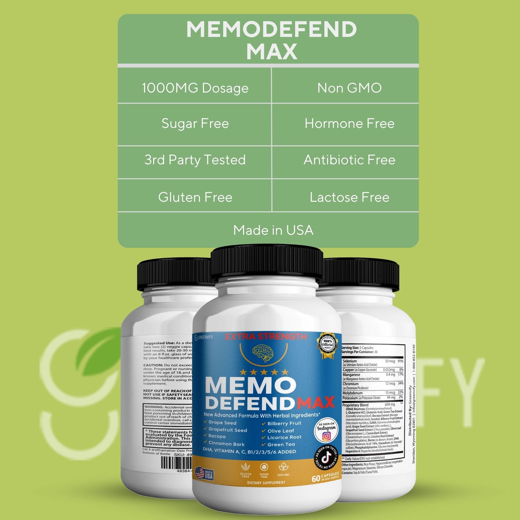 Memo Defend Max Memory Support Supplement, 60 Capsules, with Vitamins A C D E B Complex, DHA, Bacopa, Grapefruit Seed (1) GREENVIFY Au supplements
