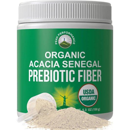 Peak Performance Organic Acacia Senegal Prebiotic Fiber Powder. Unflavored USDA Organic Plant Based Soluble Vegan Prebiotics Gut Health Supplement with Digestive Enzymes Peak PerformanceAU supplements