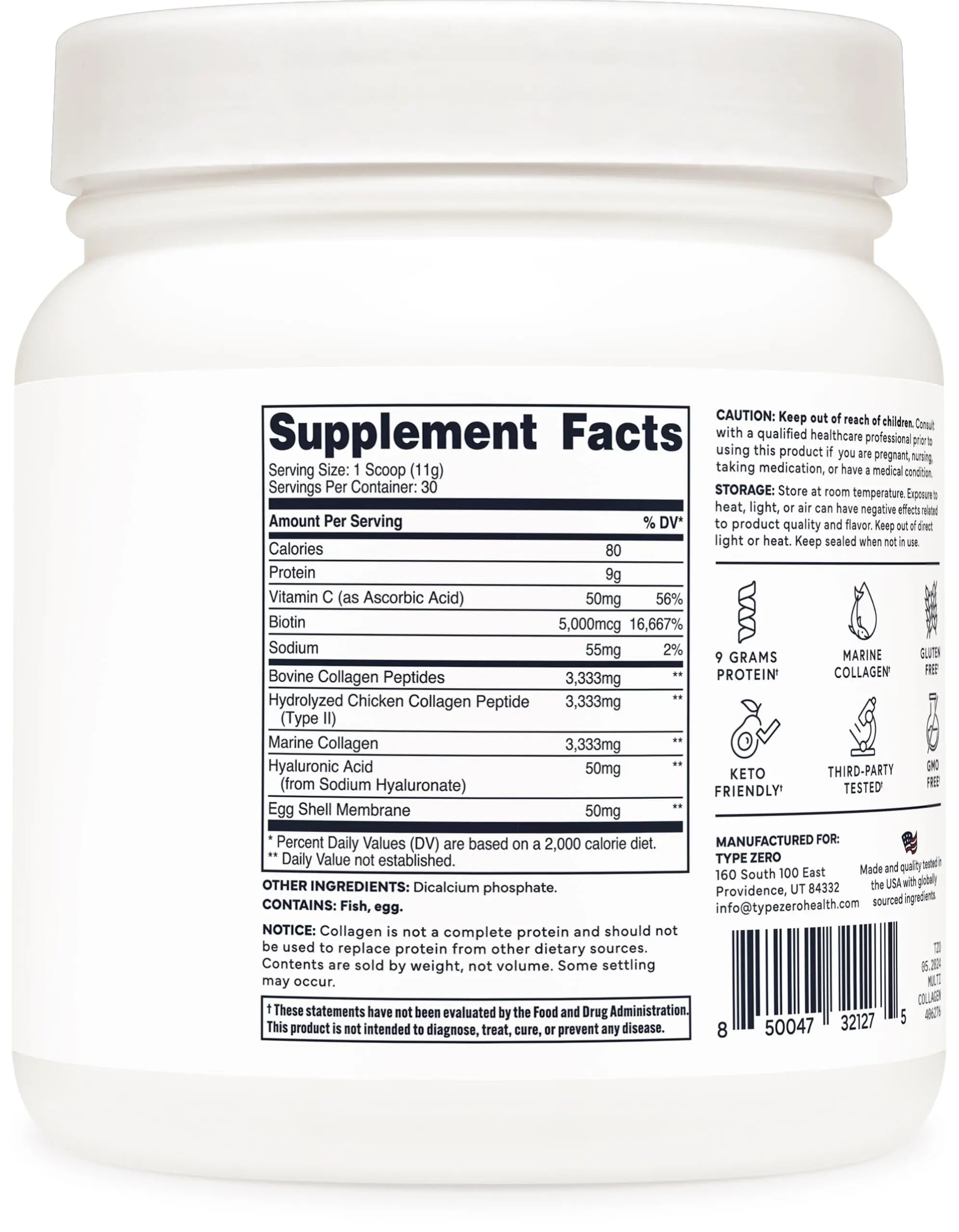 Type Zero Multi Collagen Powder 30 Servings (Unflavored) - Types I, II, III, V, & X Collagen Peptides + Hyaluronic Acid, VIT C, Biotin Type Zero Au supplements