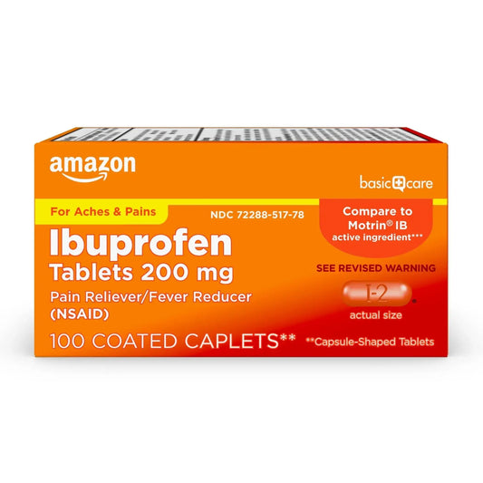 Amazon Basic Care Ibuprofen Tablets, 200 mg, Pain Reliever/Fever Reducer for Headache, Backache, Menstrual Pain and Body Aches, 100 Count Amazon Basic CareAu supplements
