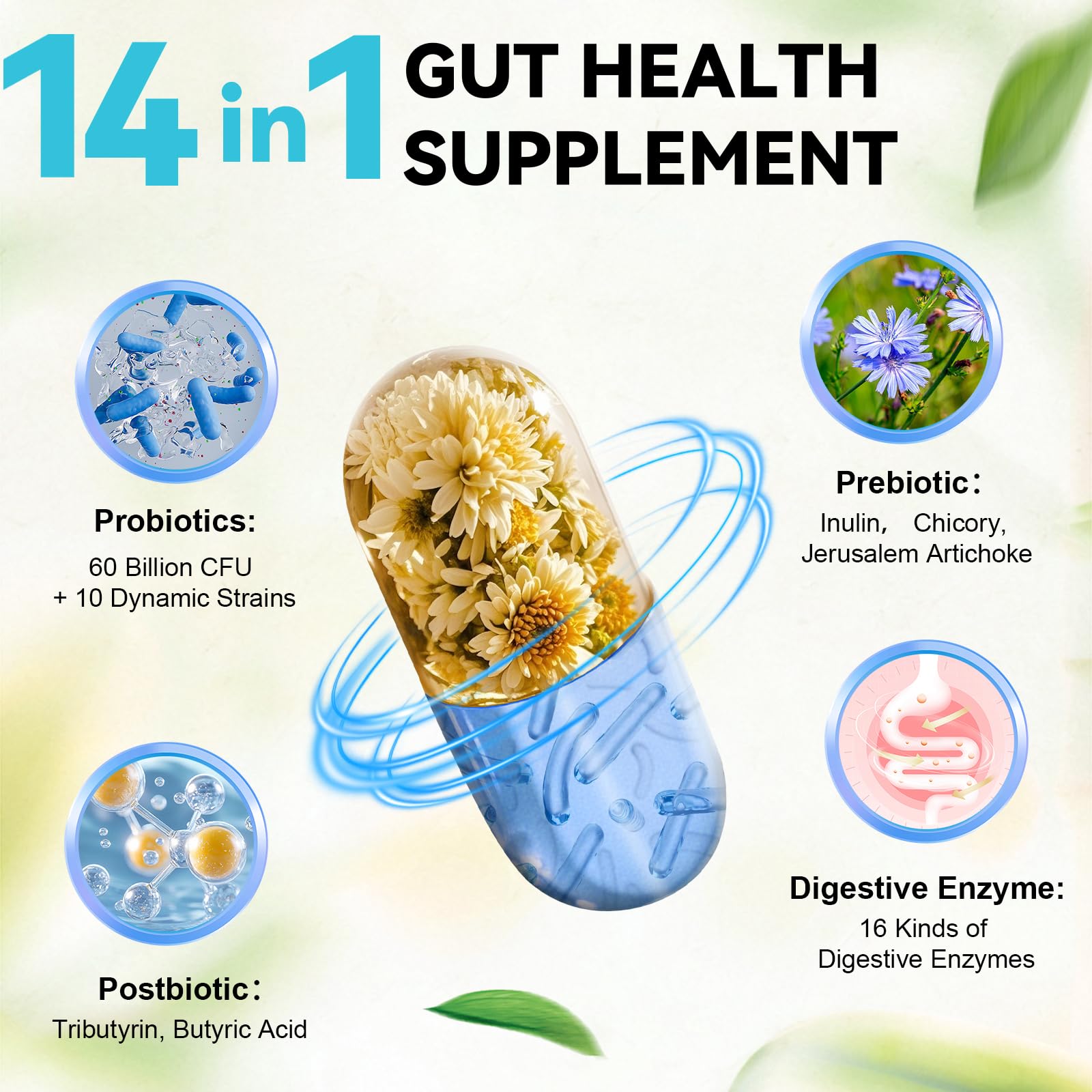 14-in-1 Gut Health with Probiotics, Prebiotics, Postbiotics & Digestive Enzymes for Women & Men, 60 Billion CFU Probiotics for Digestion, Strong Immunity, Skin, Complete Gut Health (120 Capsules) Totaria Au supplements