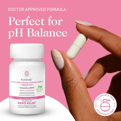 Kushae Boric Acid Suppositories + Rapid Relief, All Natural Female Suppositories with Probiotics & Aloe Vera, Relieves Discomfort & Balances pH Level Bottle Only 21 Capsules KushaeUS supplements