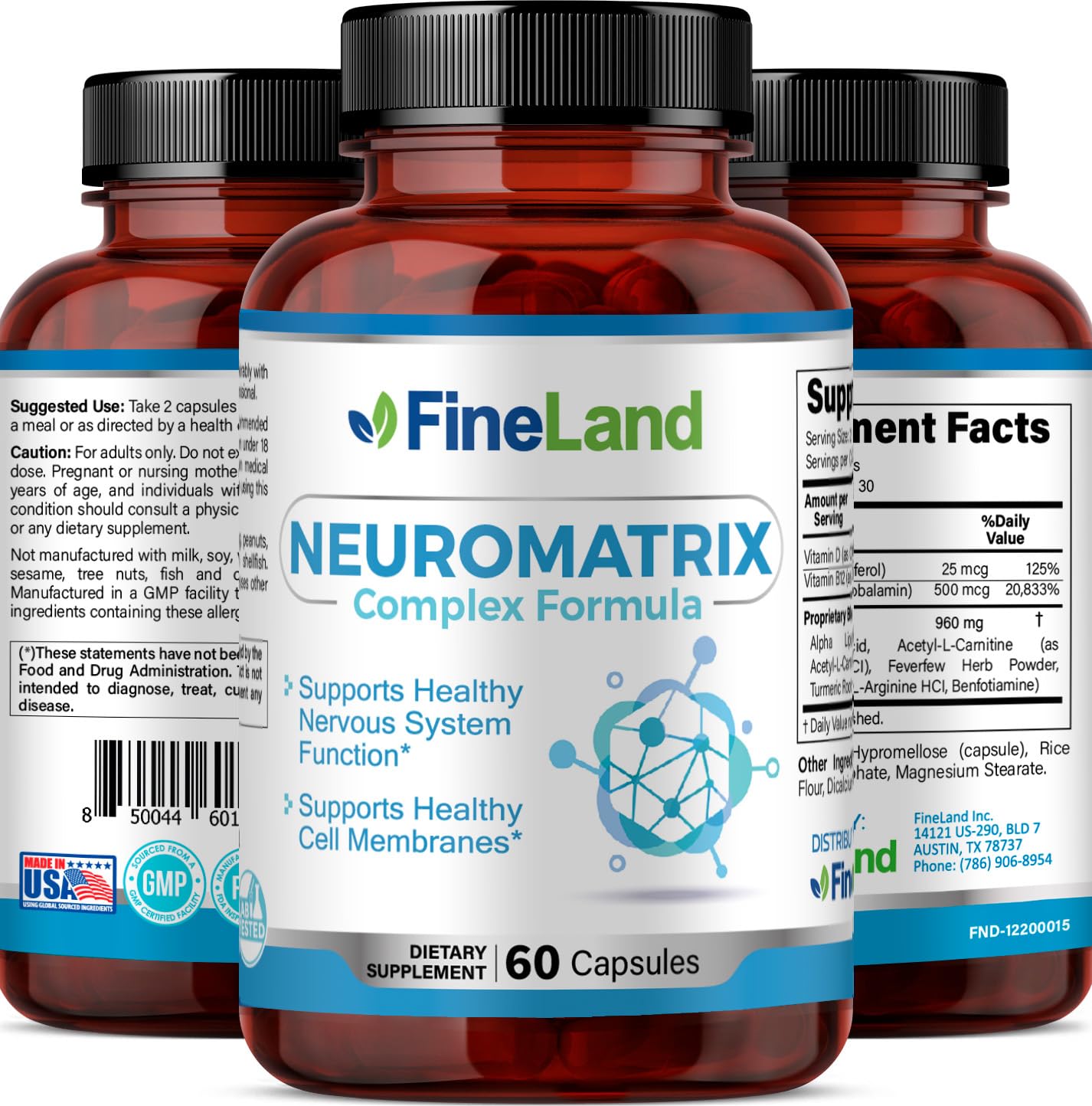 FineLand NEUROMATRIX Complex Formula, Advanced Cognitive and Nerve Support Supplement, High Potency Vitamin B12, Alpha Lipoic Acid and Acetyl-L-Carnitine, 60 Capsules FineLand Au supplements