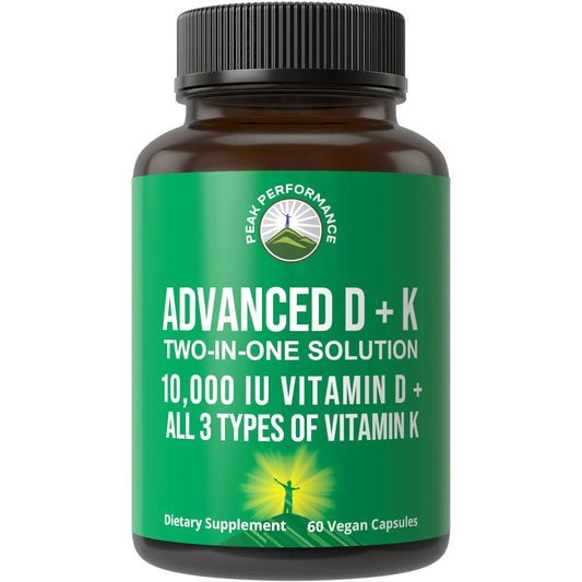Peak Performance Advanced Vitamin D 10000 IU with All 3 Types of Vitamin K - 10,000 Vitamin D3 and Vitamin K2, K1, MK-7 (MK7), MK4 Capsules Supplement - 60 Small and Easy to Swallow Pills Peak PerformanceAU supplements