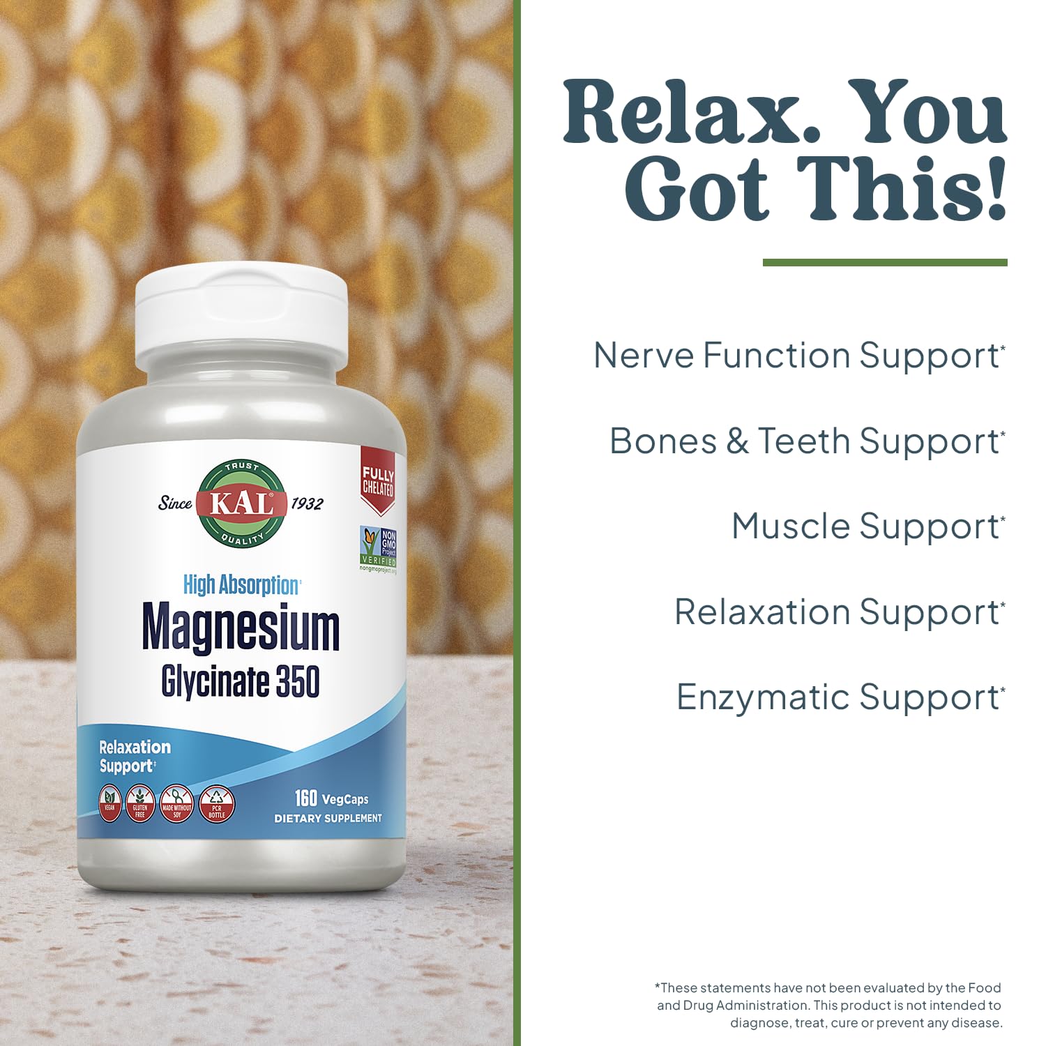 KAL Magnesium Glycinate Capsules, Fully Chelated Magnesium Bisglycinate, High Absorption Magnesium Supplement, Healthy Bones, Muscle, Relaxation and Stress Support, Non-GMO 160 count KAL Au supplements