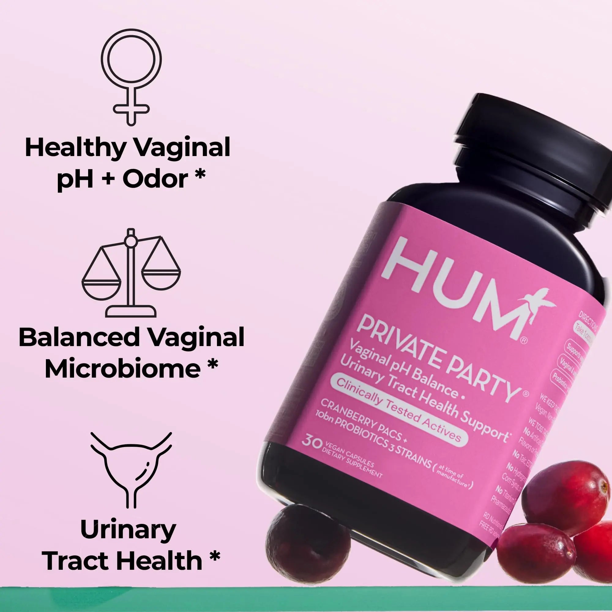 HUM Private Party Vaginal Probiotics for Women, pH Balance and Urinary Tract Support Vaginal Probiotic Supplement with Cranberry & Lactobacillus Blend, Women's Health Cranberry Pills, 30 Capsules HUM Au supplements