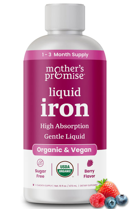 Organic Liquid Iron Supplement for Women, Men & Kids with Vitamin C | Sugar Free Natural Berry Flavor Non Constipating Vegan Ferrochel Mother's PromiseUS supplements