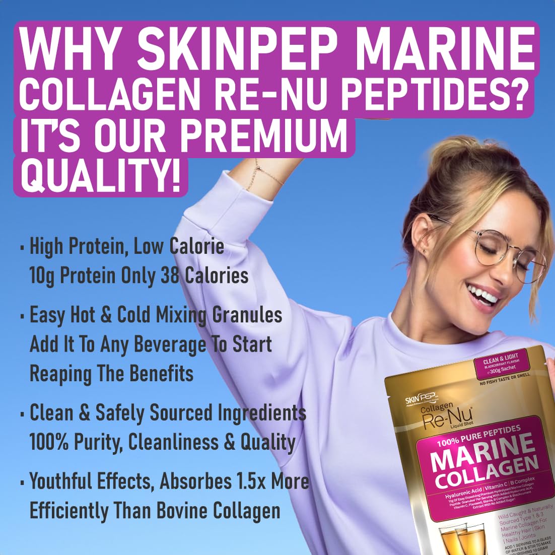 Premium Hydrolysed Marine Collagen Peptide Powder + VIT C, B Complex Hyaluronic Acid, & Stevia. Delicious Taste/No Fishy Smell - SkinPep® Collagen Re-Nu 300g - 30 Days Supply SkinPep Au supplements