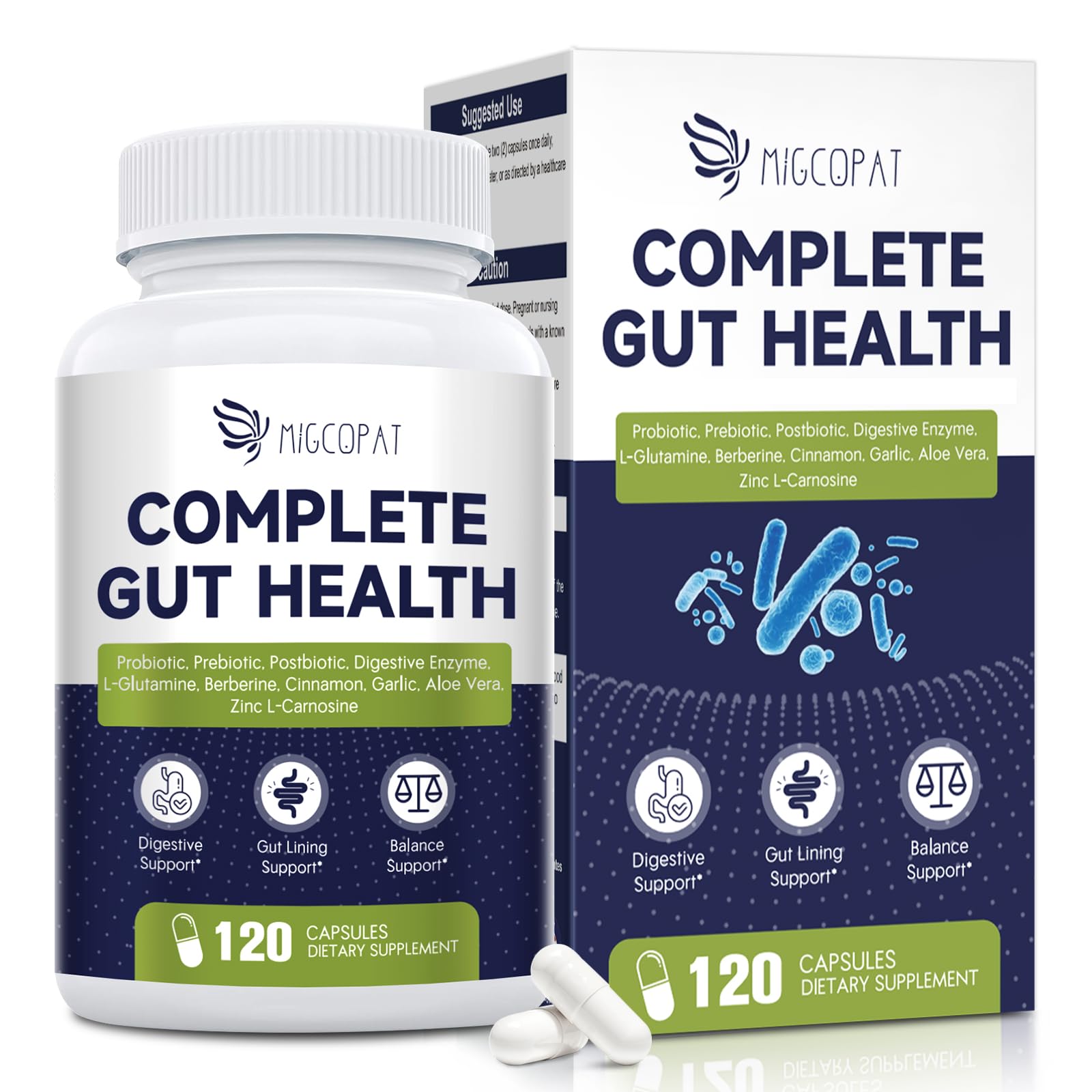 Migcopat Probiotic Prebiotic, Postbiotic & Digestive Enzymes for Digestive Health, 80 Billion CFU Probiotics Complete Gut Support with Berberine, Cinnamon, L-Glutamine, for Men & Women, 120 Capsules Migcopat Au supplements