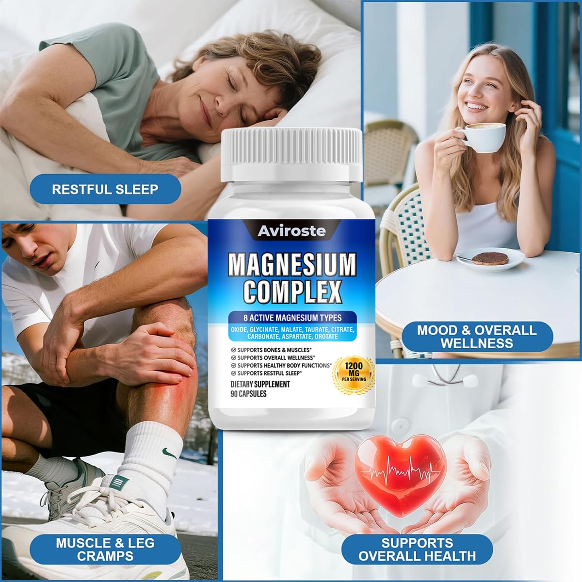 8 in 1 Magnesium Complex Supplement - 8 Elemental 1000mg - Magnesium Glycinate, Citrate, Malate, Taurate - High Absorption,for Muscle, Nerve & Sleep Support - 90 Capsules Aviroste Au supplements