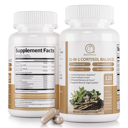 BBEEAAUU Cortisol Supplements for Women & Men - 10-in-1 Cortisol Reducer Manager Detox with Ashwagandha, Magnesium - Lower High Cortisol Levels, Relaxation & Night Support, Non-GMO, 120 Capsules BBEEAAUUAU supplements