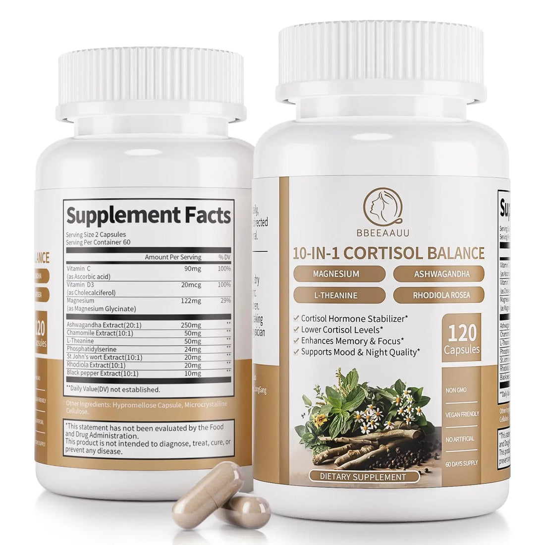 BBEEAAUU Cortisol Supplements for Women & Men - 10-in-1 Cortisol Reducer Manager Detox with Ashwagandha, Magnesium - Lower High Cortisol Levels, Relaxation & Night Support, Non-GMO, 120 Capsules BBEEAAUU uk supplements