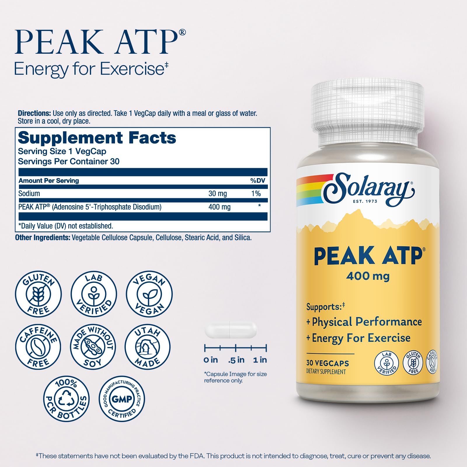 SOLARAY Peak ATP 400 mg - Physical Performance and Exercise Energy Supplements - Stim Free Pre Workout Pills - No Caffeine or Gluten - Lab Verified - 60-Day Guarantee - 30 Servings, 30 VegCaps SOLARAY Au supplements