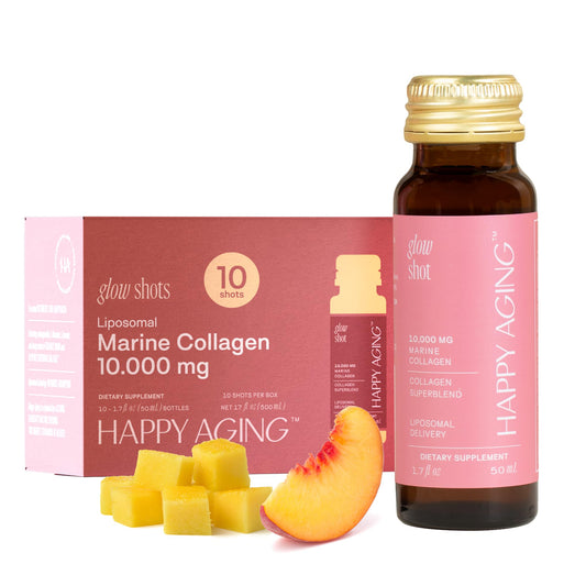 Happy Aging Marine Collagen Peptides Glow Shot 10,000mg - Liquid Collagen for Women with Liposomal Delivery - Promotes Skin Hydration, Elasticity & Radiance - Supports Hair & Nails, 10 Shots Happy AgingBuy Supplements Australia