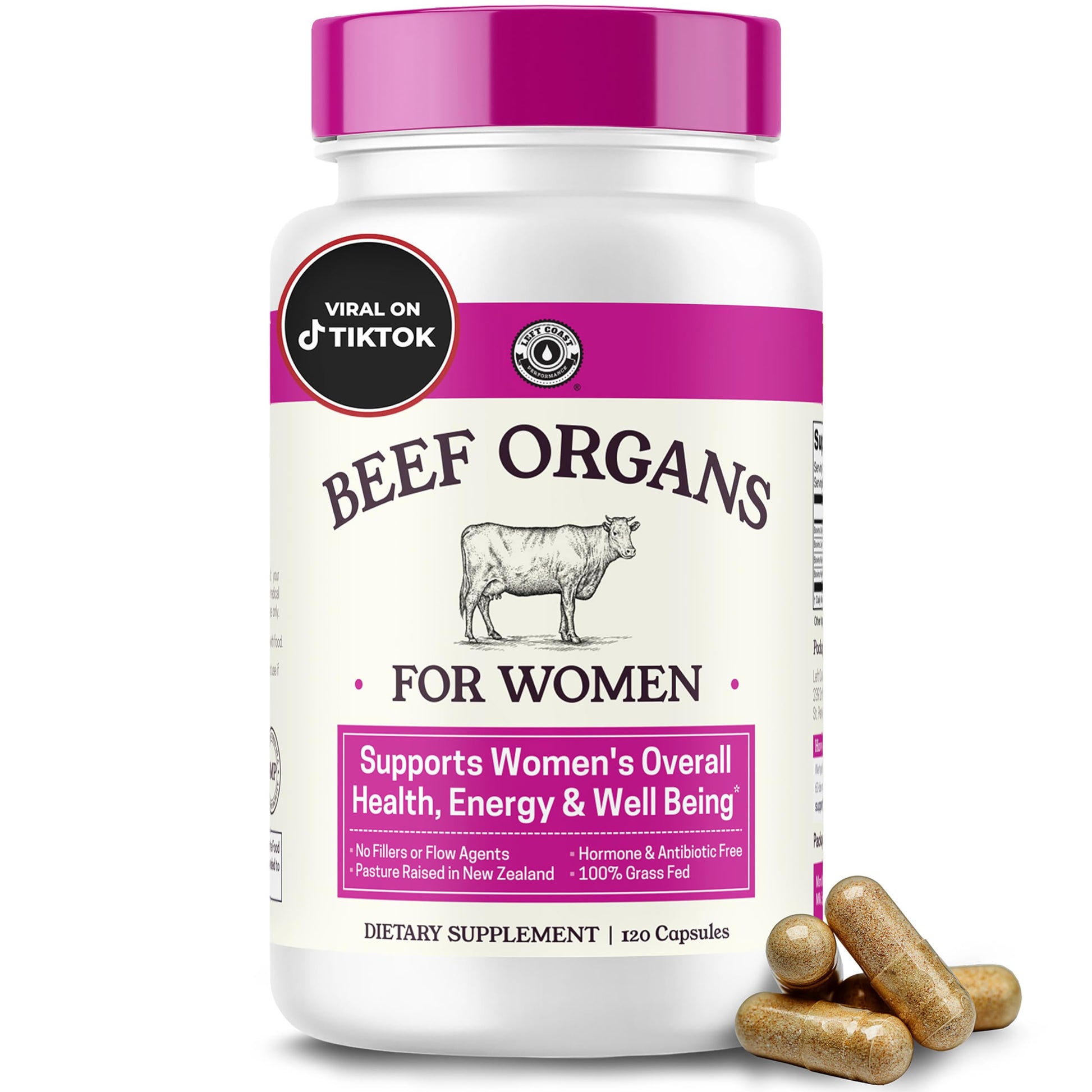 Beef Organ Supplement for Women - Beef Liver, Kidney, Heart and Uterus Tissue, Supports Women's Overall Energy and Health - Pasture Raised in New Zealand - No Fillers or Flow Agents - 120 Capsules Left Coast Performance Au supplements