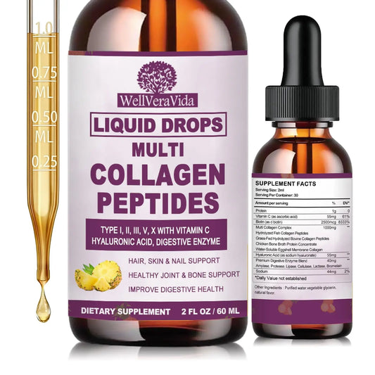 Multi Collagen Peptides Liquid Drops, 2oz – Types I, II, III, V, X, Hydrolyzed Collagen Complex for Hair, Skin, Nails, Bones & Joint Support | Collagen Supplement w. Hyaluronic Acid, Biotin, Vitamin C WellVeraVidaAU supplements