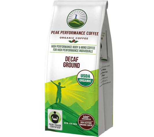 Peak Performance High Altitude Organic Decaf Coffee - Fair Trade, Low Acid, Non GMO, and Beans Full of Antioxidants - Medium Roast Smooth Tasting USDA Certified Organic Decaffeinated Ground 12 oz Peak PerformanceAU supplements