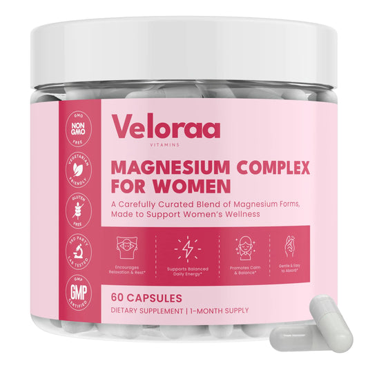 Premium Magnesium Complex for Women 60 Capsules | Complete 3-in-1 with Magnesium Glycinate Citrate & Malate Supports Calm, Digestion, Energy Vegan & Non-GMO Supplement | Veloraa VeloraaAu supplements