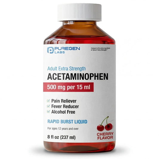 Puregen Labs Adult Extra Strength Acetaminophen Liquid 500mg/15ml - 8 fl oz Rapid Burst Pain Reliever/Fever Reducer, Cherry Flavor | Muscle & Joint Pain Relief | Arthritis Pain Relief P Puregen LabsAu supplements