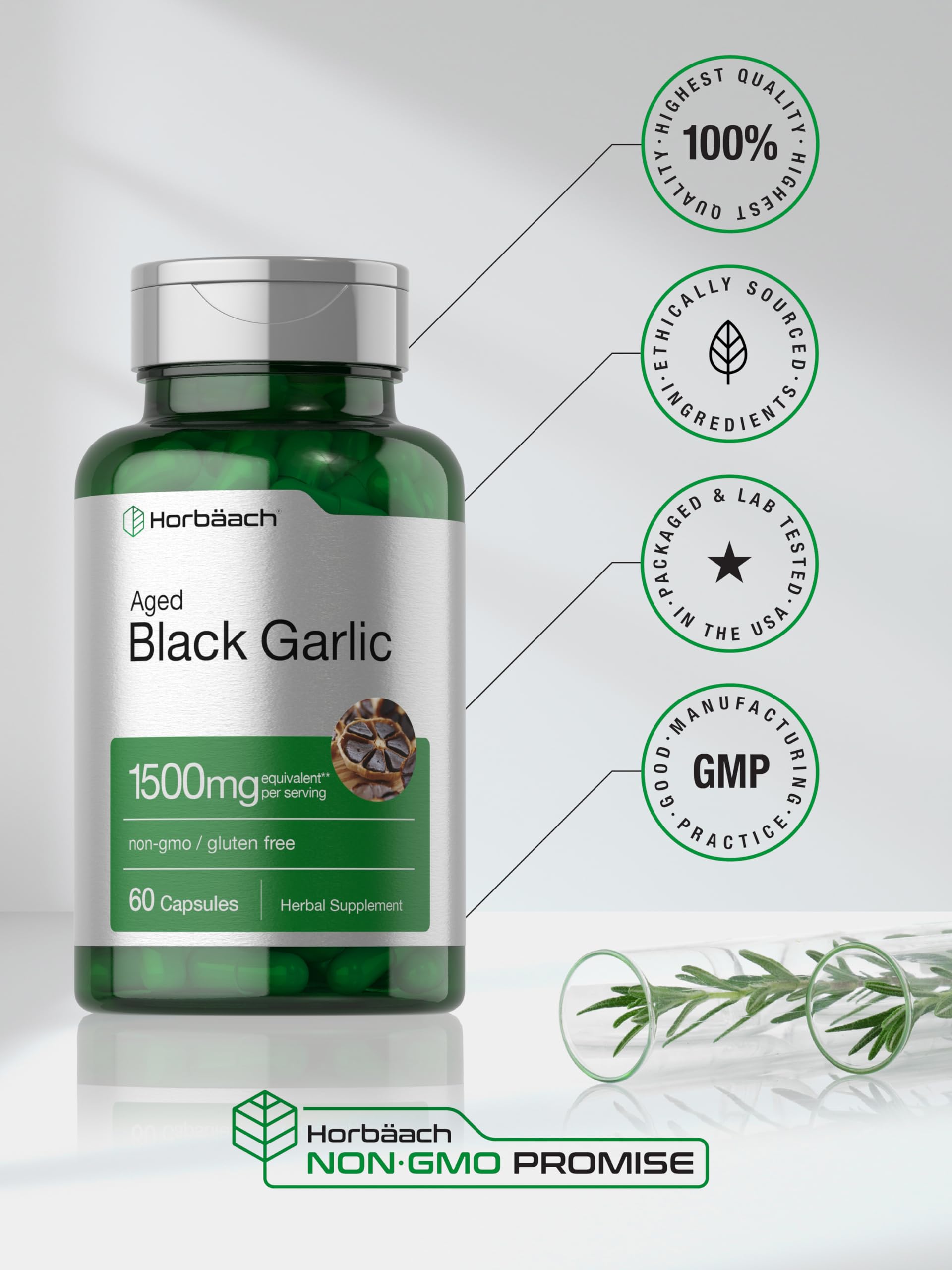 Aged Black Garlic Capsules 1500mg | 60 Count | Fermented Extract Supplement Horbäach Au supplements