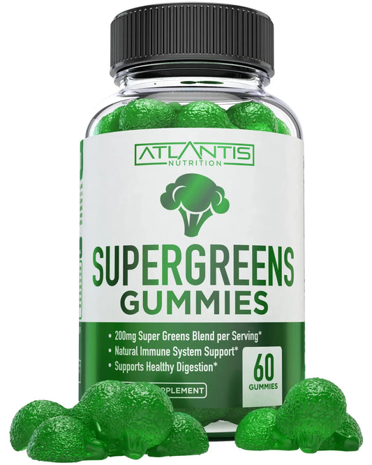Atlantis Nutrition Supergreens Gummies - Daily Green Superfoods Supplement with Spinach, Broccoli, Moringa, Beet Root, Celery, Green Tea, & Acai for Immunity Support - Natural Raspberry Flavor, 60 cnt Atlantis NutritionAU supplements