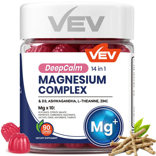 VEV Deep Calm Magnesium Complex 14-in-1 Gummies – 90 Count (Pack of 1) – with D3, Ashwagandha, L-theanine, Zinc – Magnesium Complex for Women and Men VEVAU supplements