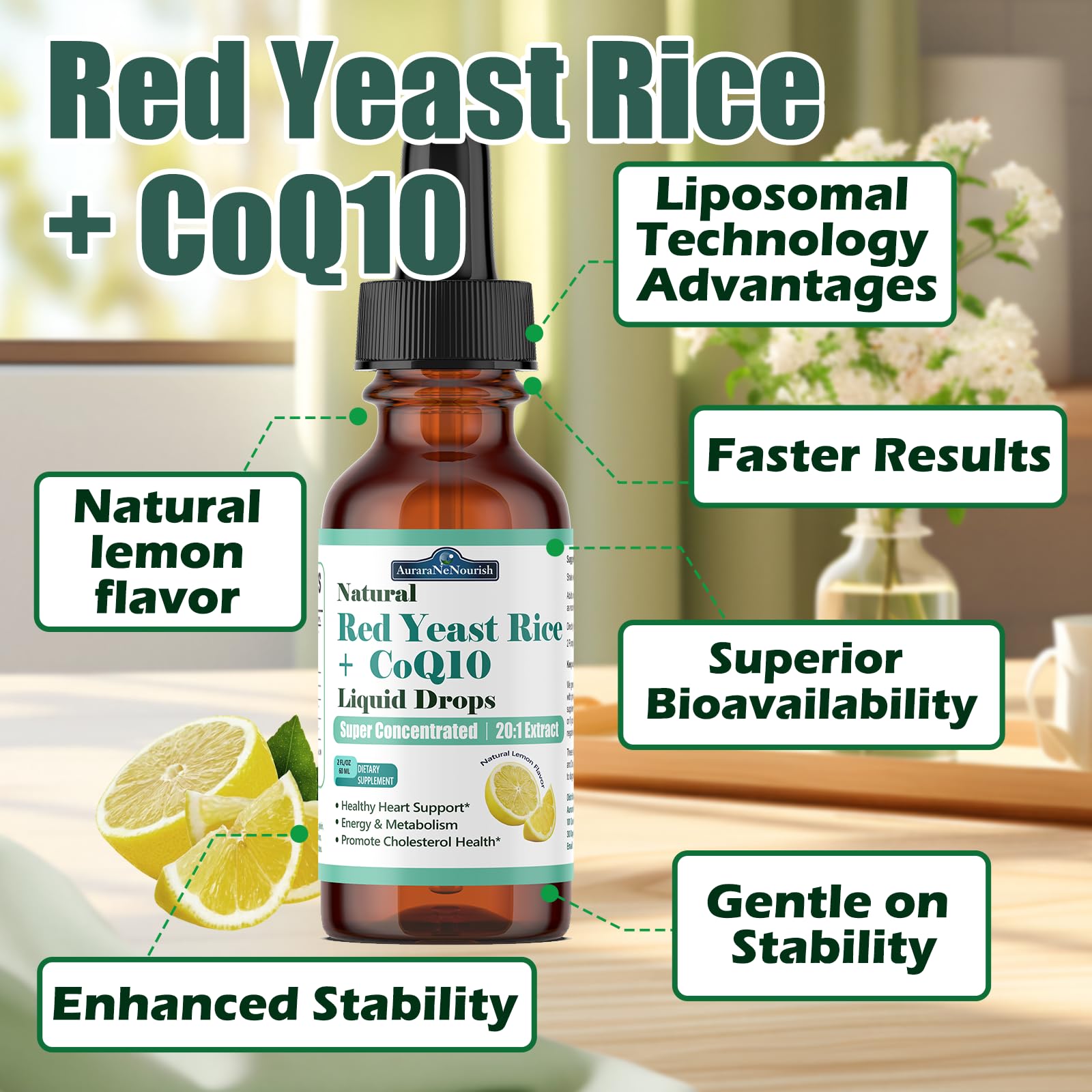 Liposomal Red Yeast Rice with Coq10 Liquid Drops, 5-in-1 Extra Strength 1200mg Cholesterol & Heart Support w. Citrus Bergamot Alpha Lipoic Acid | Cholesterol Lowering Supplement | GMO & Citrinin Free AuraraNeNourish Au supplements