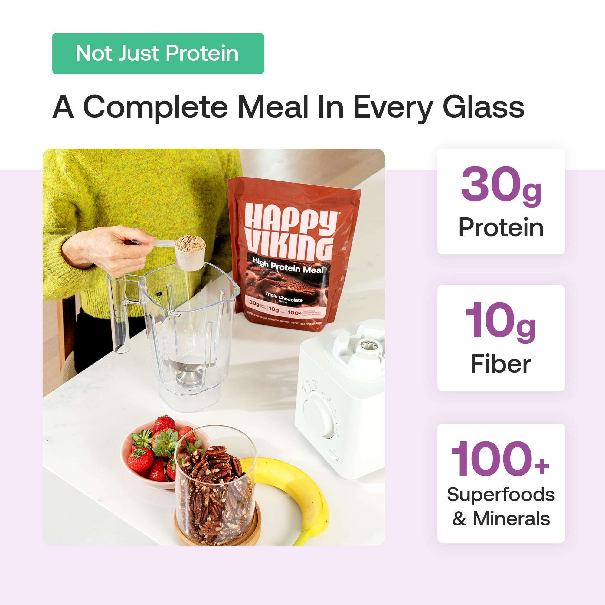 Happy Viking Plant-Based Protein Powder +100 Superfoods Vanilla Meal Replacement Shake, Created by Venus Williams, 30g Plant Protein, 10g Fiber, Vegan, Gluten-Free, Non-GMO, 15 Meals