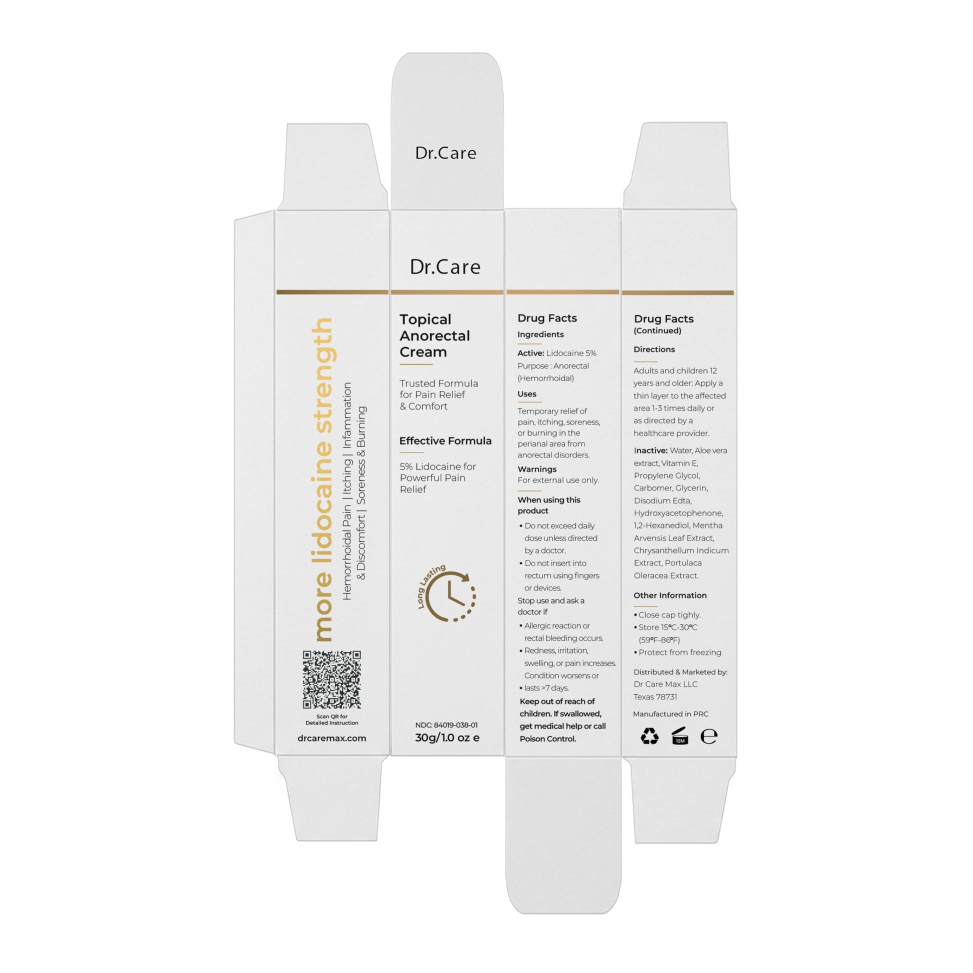 Dr Care Anorectal Cream with 5% Lidocaine - Maximum Strength Topical Anesthetic for Hemorrhoid Relief, Itching, & Burning (1.0 oz) Dr Care Au supplements