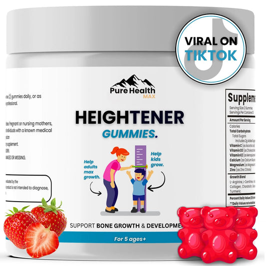 Heightener Gummies - Natural Height Growth Supplement for Kids, Teens and Adults to Increase Bone Strength and Grow Tall | Height Maximizer Pills with L-Arginine, Calcium & Zinc | 60 Gummy PURE HEALTH MAXAU supplements