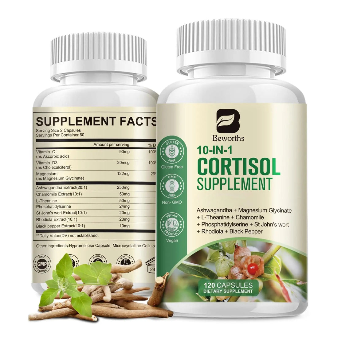 B BEWORTHS Cortisol Supplements for Women Men, 10-in-1 Cortisol Detox with Ashwagandha, Magnesium, L-Theanine, Balanced Cortisol Levels, Night & Calm Support, 120 Vegan Capsules B BEWORTHS uk supplements