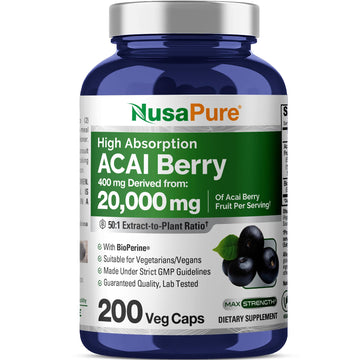 NusaPure Acai Berry 50:1 Extract - Suitable for Vegetarian/Vegan, Non - GMO - 20000 mg - 200 Capsules NusaPure Au supplements