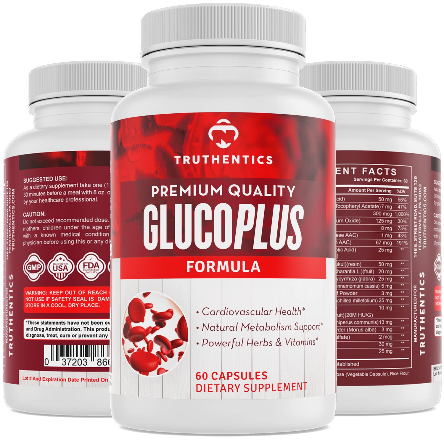 TRUTHENTICS GlucoPlus - 20 Herbs, Vitamins & Minerals with Cinnamon, Chromium, Vanadium, Bitter Melon, Alpha Lipoic Acid, Magnesium - Gluten Free, Non-GMO - 60 Capsules TRUTHENTICS Au supplements